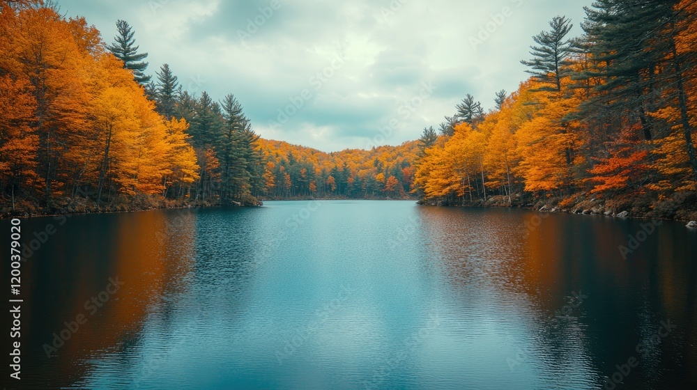 Obraz premium Golden Autumn Serenity: A Tranquil Lake Reflecting Vibrant Fall Foliage