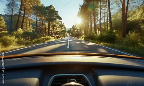 Wallpaper Mural A scenic view of a sunlit road surrounded by trees, captured from inside a car. Torontodigital.ca