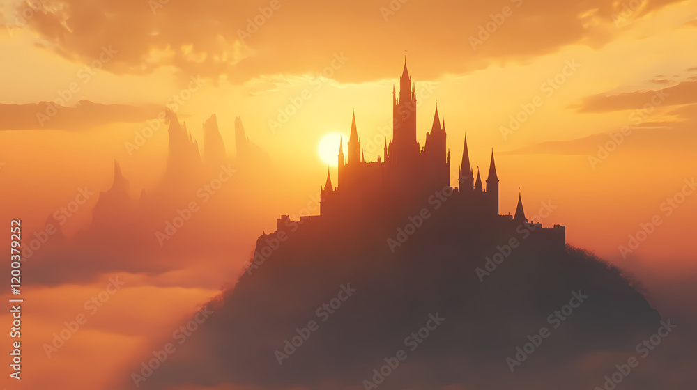 Obraz premium Fog-covered castle on a misty hill perfect for fantasy and historical wallpapers with an eerie touch. Fantasy Castle Sunrise. Illustration
