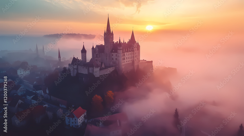 Naklejka premium From above, a beautiful medieval castle built above a city in misty colorful sunrise. Fantasy Castle Sunrise. Illustration