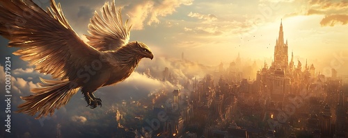 Golden bird soaring above fantasy city at sunset; game, book cover