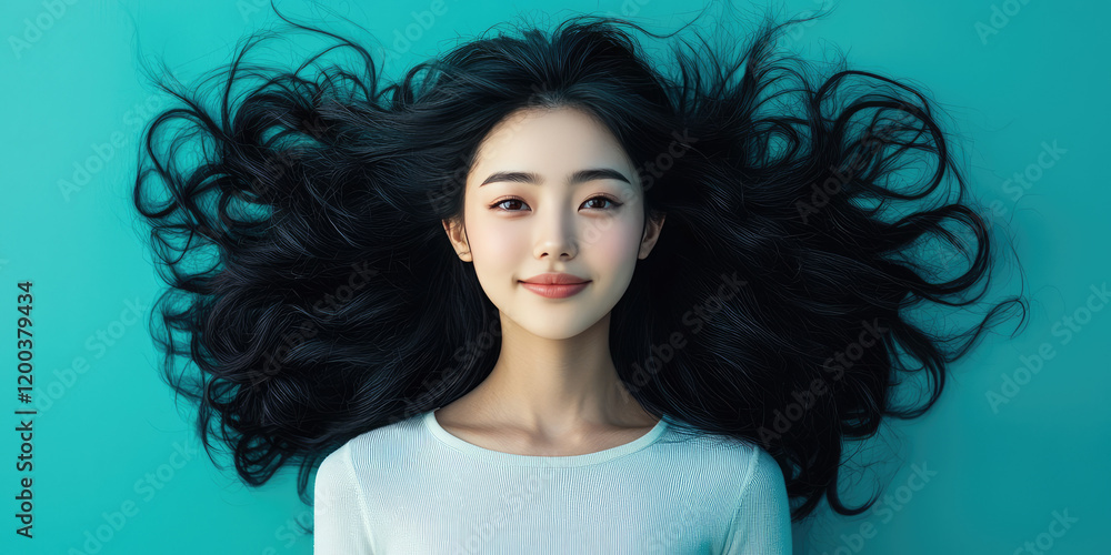 Fototapeta premium Smiling young woman with black long groomed hair. Black color hair, promotion banner background template