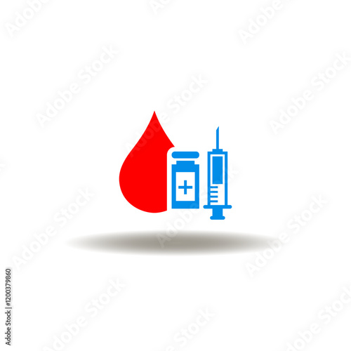 Vector illustration of blood drop with vial and syringe. Symbol of blood injection. Icon of blood transfusion. Pictogram of treatment.