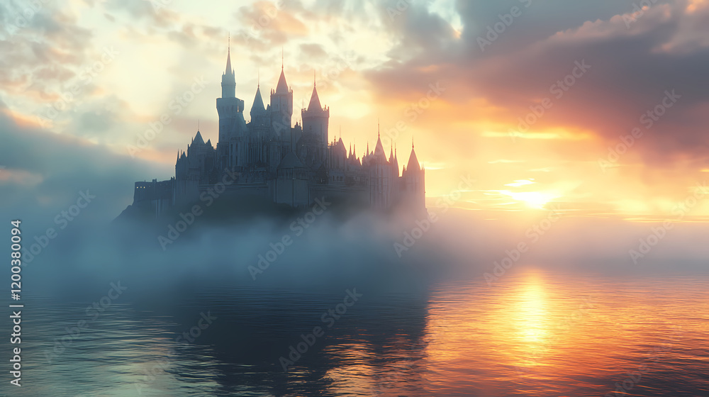 Fototapeta premium Medieval castle emerging from fog at golden hour. Fantasy Castle Sunrise. Illustration