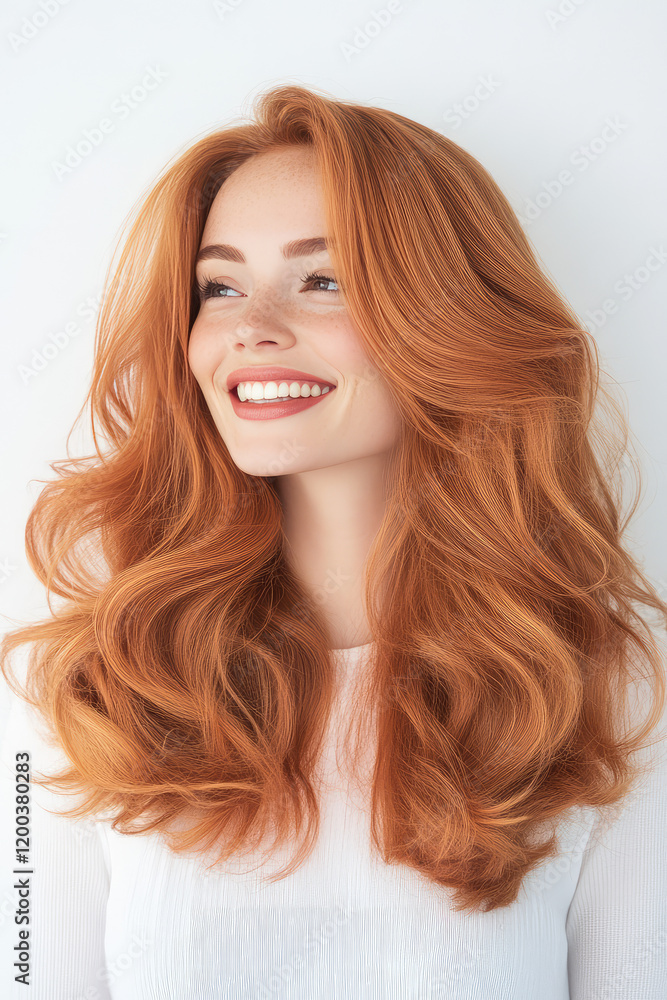 Smiling young woman with long groomed ginger color hair. Orange hair, promotion banner background template Smiling young woman with long groomed ginger color hair. Orange hair, promotion banner background template
