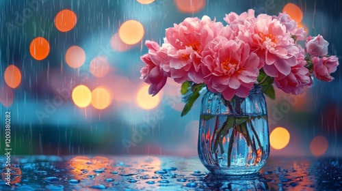 Fototapeta Naklejka Na Ścianę i Meble -  Pink peonies in a glass vase with raindrops