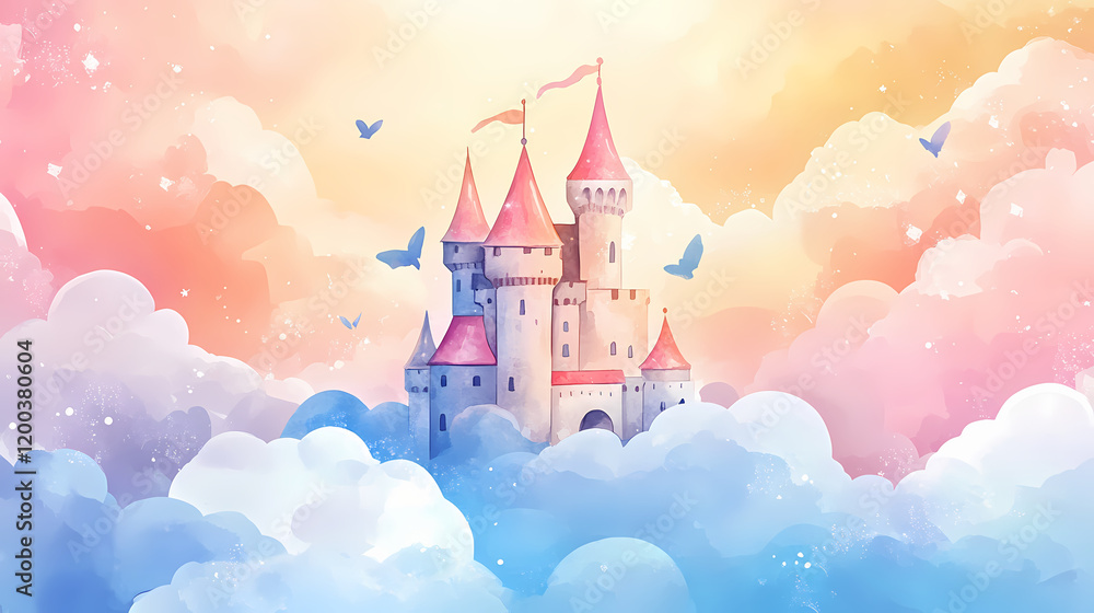 Watercolor castle floats in dreamy, pastel cloudscape. Fantasy Castle Sunrise. Illustration Watercolor castle floats in dreamy, pastel cloudscape. Fantasy Castle Sunrise. Illustration