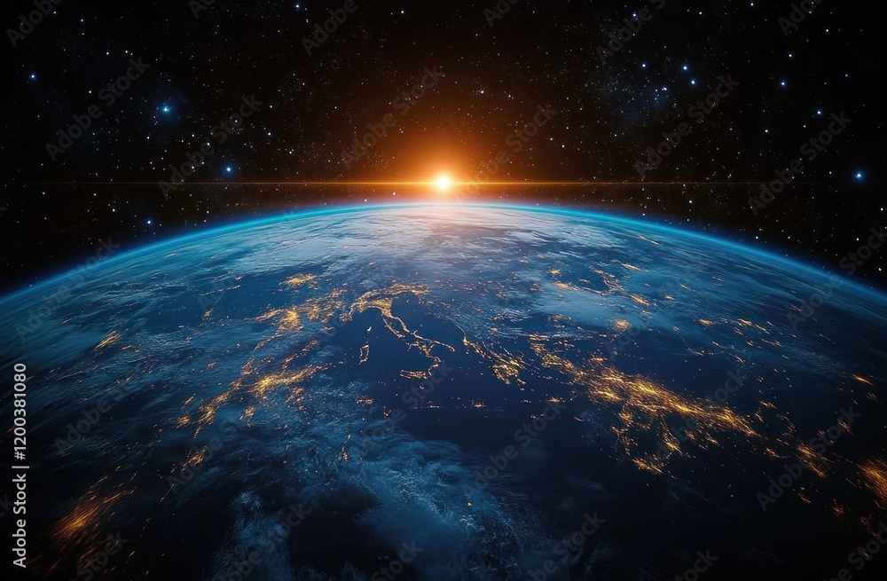 Obraz premium Breathtaking View of Earth from Space with Vibrant Oceans and Green Continents at Sunrise