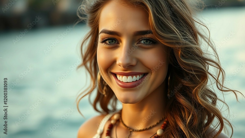 Close-up of smiling woman with wavy hair and bohemian jewelry at the seaside Close-up of smiling woman with wavy hair and bohemian jewelry at the seaside
