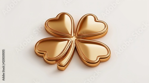 3D golden cloverleaf with heart-shaped leaves on a clean white background. Luck and prosperity concept.