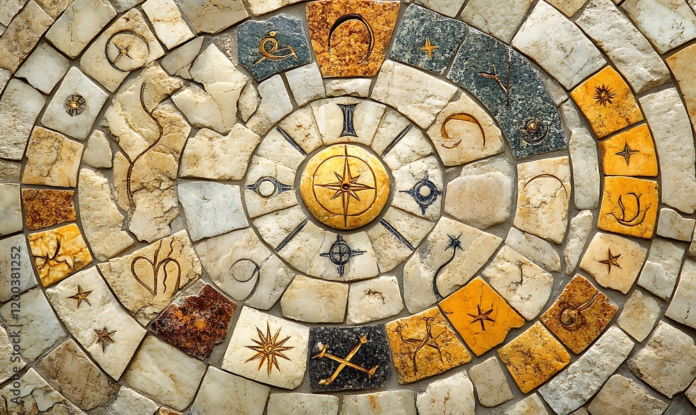Circular stone mosaic with celestial symbols and compass rose design. Circular stone mosaic with celestial symbols and compass rose design.