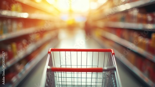 Empty Shopping Cart in Supermarket Aisle photo