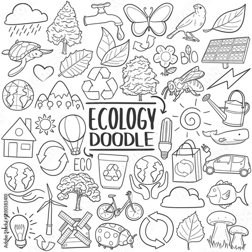 Ecology Doodle Icons. Hand Made Line Art. Recycle Clipart Logotype Symbol Stamps Design.