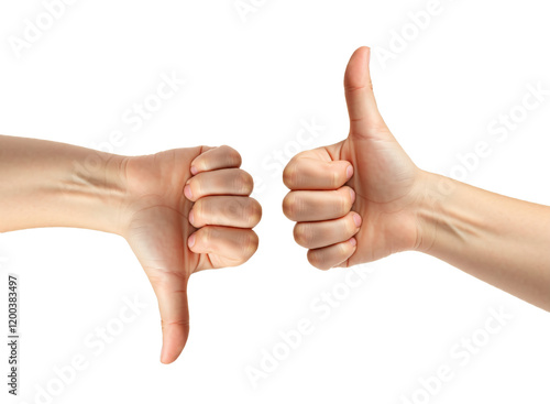Two hands signalling thumbs up and thumbs down on white isolated background.