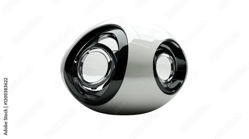 Unique modern speaker design with sleek and shiny appearance in a minimalist setting isolated on transparent background