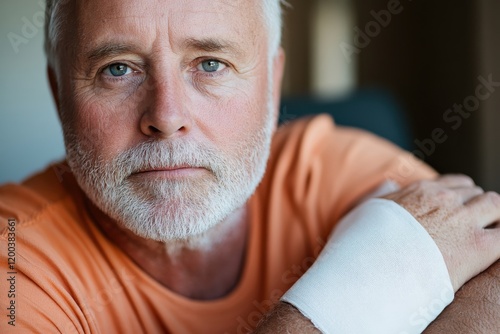 The image depicts a thoughtful elderly man with a visible bandaged hand, symbolizing resilience and the journey of healing while catching the viewer's attention with his piercing gaze. photo