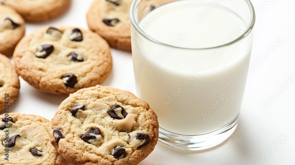 Chocolate chip cookies milk glass white background snack Chocolate chip cookies milk glass white background snack