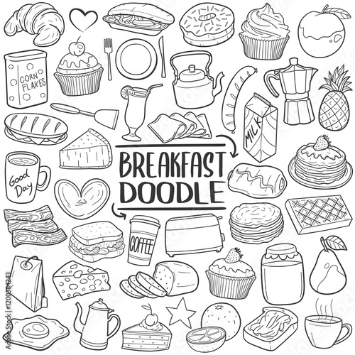 Breakfast Food Line Art Doodle Icons Sketch Hand Made Design Vector.