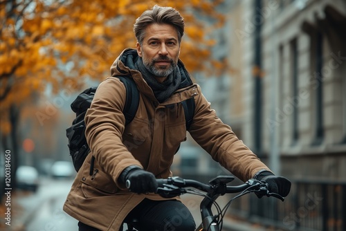 Confident entrepreneur commuting on electric bicycle in modern urban city with dynamic architecture photo