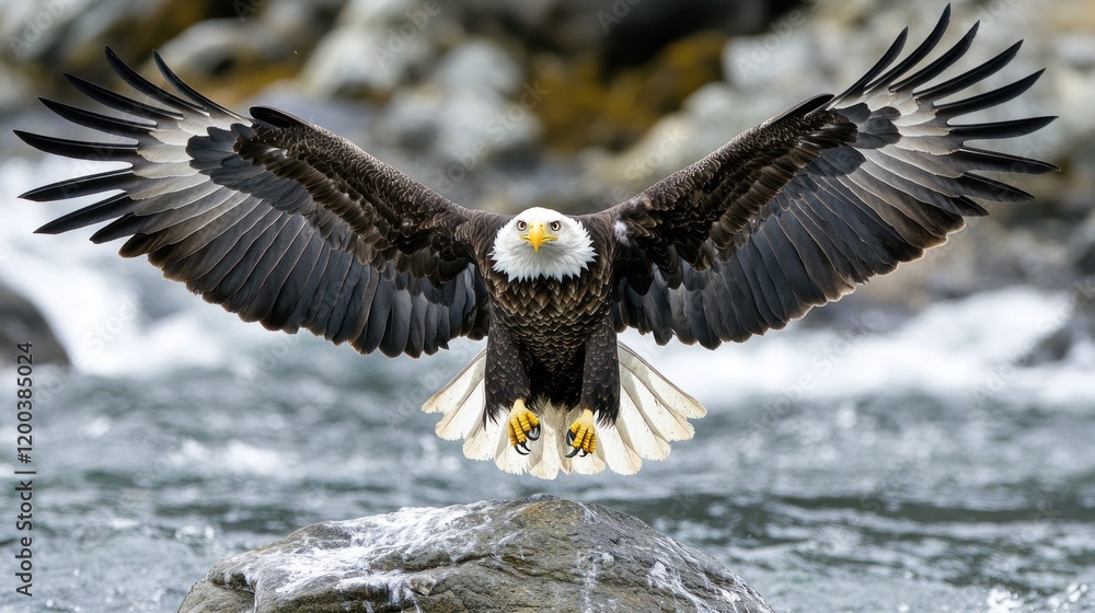 Majestic Bald Eagle in Flight Above a Rocky River Majestic Bald Eagle in Flight Above a Rocky River