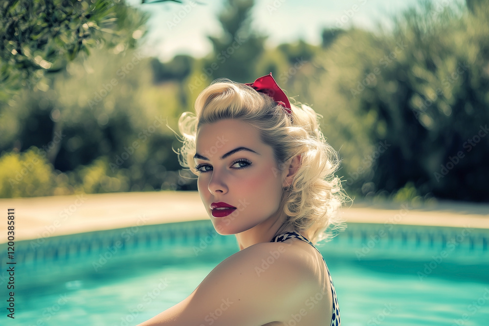 Retro 1950s sensual blonde woman with a red hairband in swimming pool on a sunny summers day.