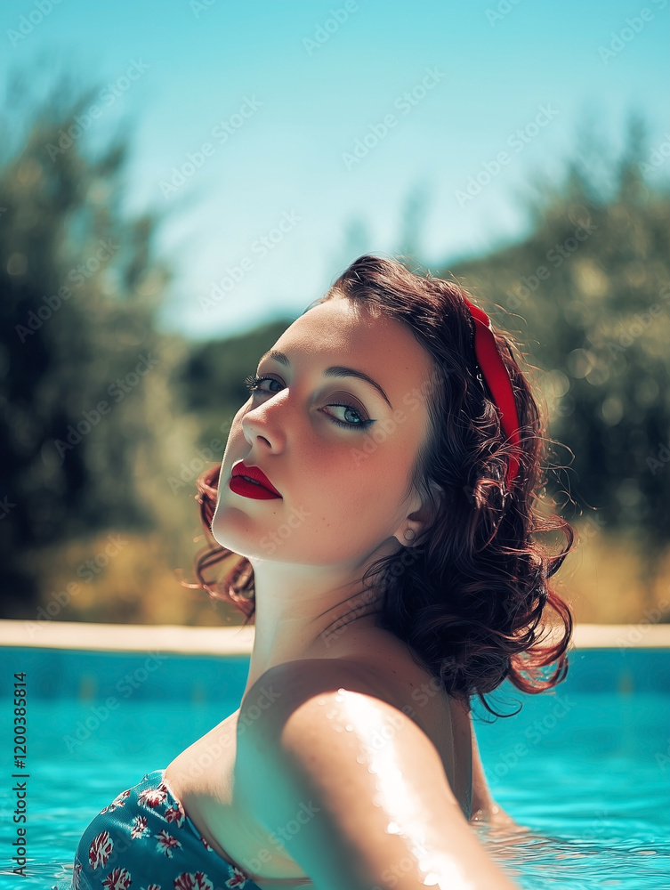 Retro 1950s sensual redhead woman with a red hairband in swimming pool on a sunny summers day.