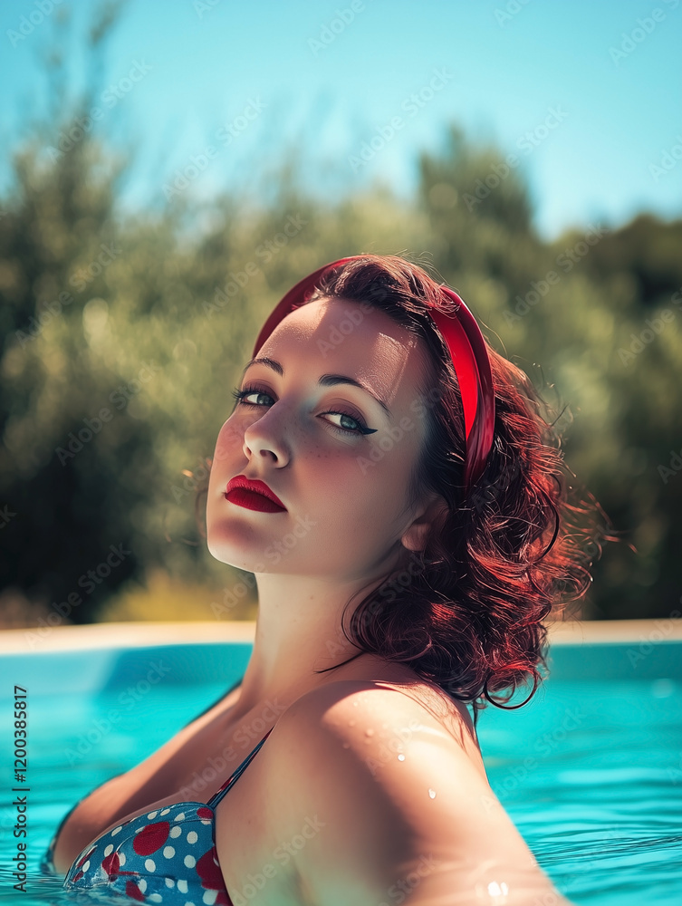 Retro 1950s sensual redhead woman with a red hairband in swimming pool on a sunny summers day.