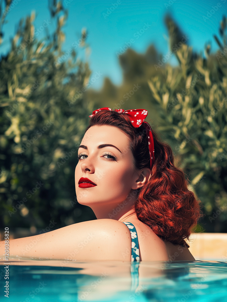 Retro 1950s sensual redhead woman with a red hairband in swimming pool on a sunny summers day.
