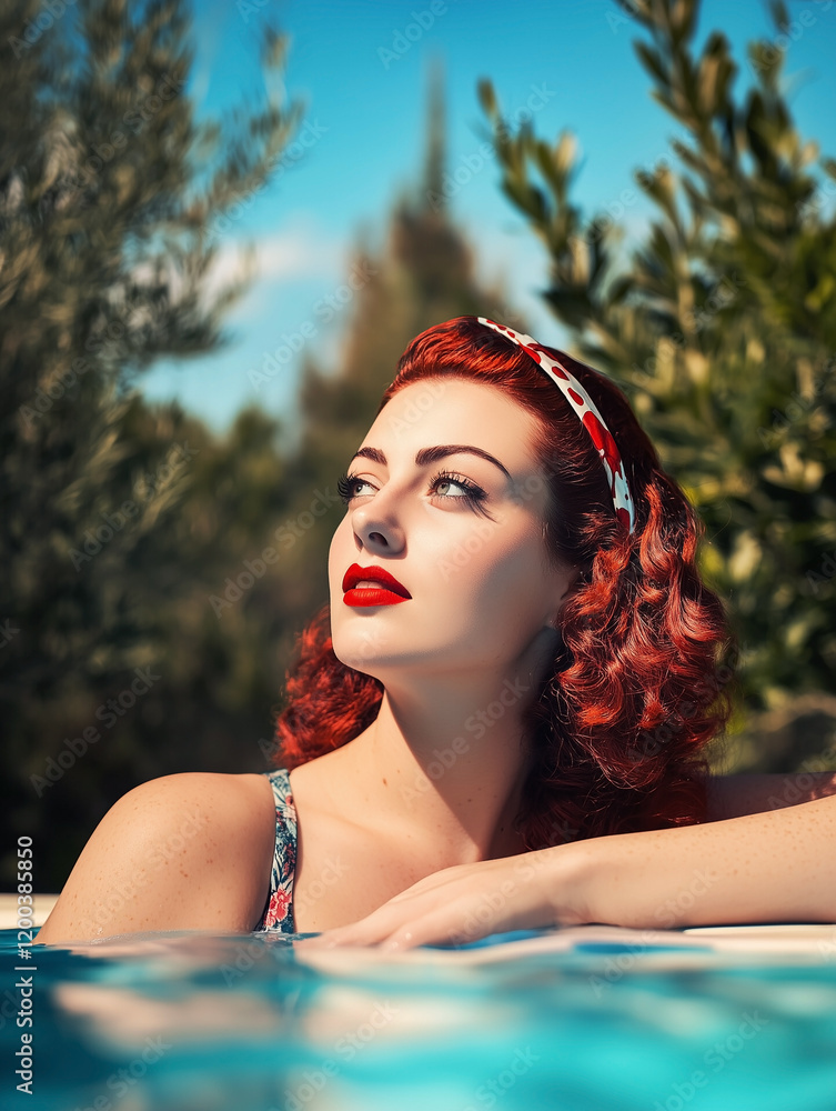 Retro 1950s sensual redhead woman with a red hairband in swimming pool on a sunny summers day.