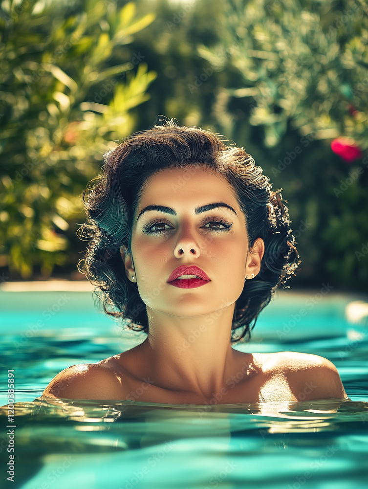 Retro 1950s sensual brunette woman in swimming pool on a sunny summers day.