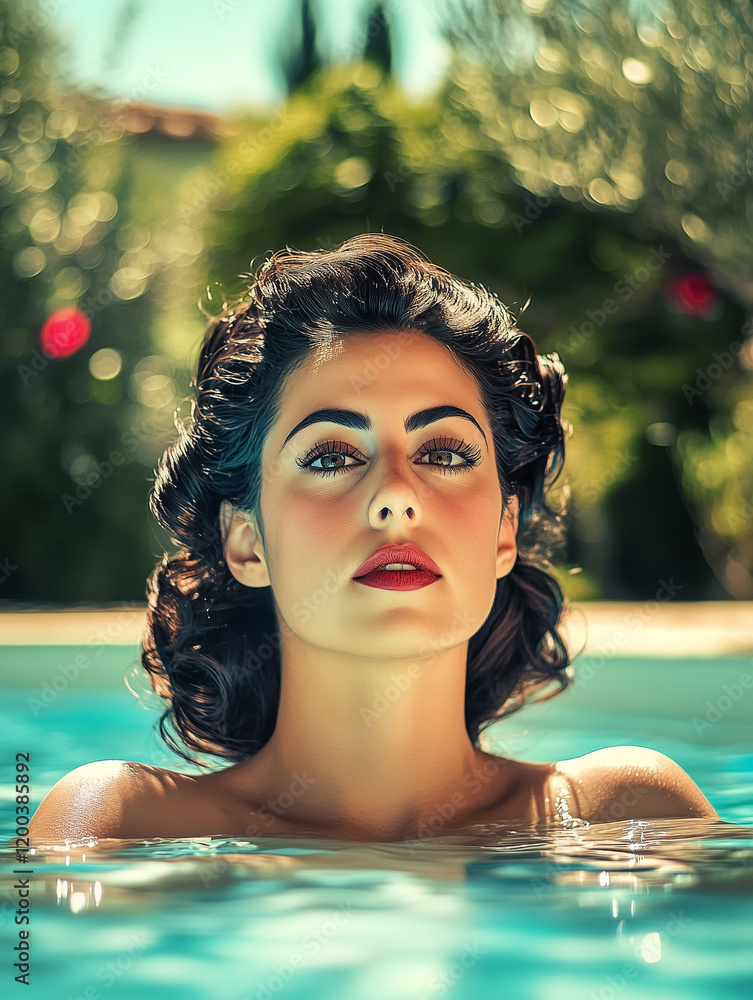 Retro 1950s sensual brunette woman in swimming pool on a sunny summers day.