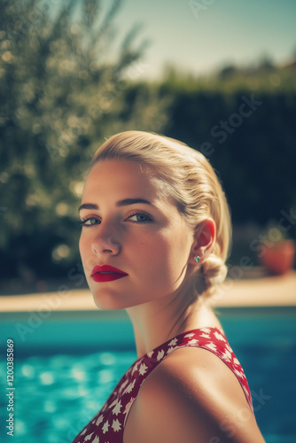 Retro 1950s sensual blonde woman in swimming pool on a sunny summers day.
