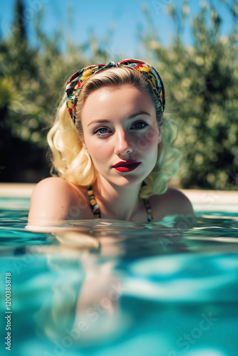 Obraz na płótnie Retro 1950s sensual blonde woman with a hairband in swimming pool on a sunny summers day. w salonie