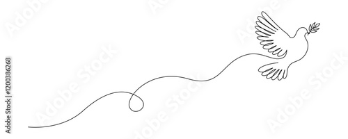 White dove in one continuous line drawing. Bird symbol with olive branch of peace and freedom in simple linear style. Concept for wedding invitation icon. Editable stroke. Doodle vector illustration