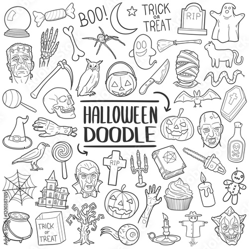 Halloween Party Line Art Doodle Icons Sketch Hand Made Design Vector.