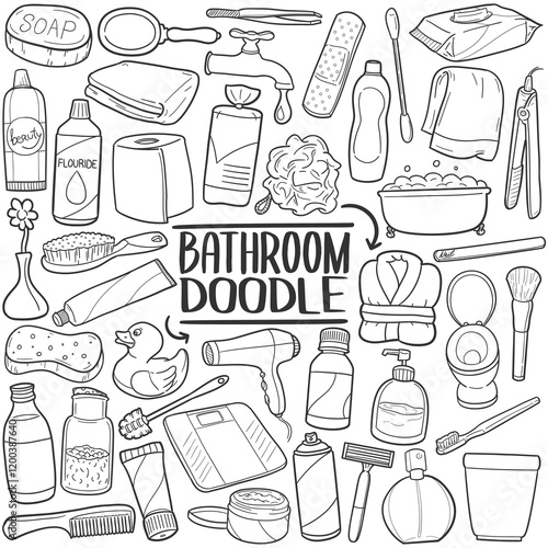 Bathroom WC Tools Doodle Icon Hand Draw Line Art Vector Stamps.	