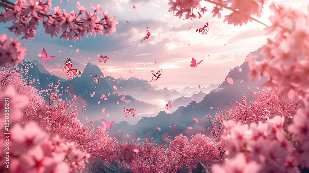 _Pink_circular_frame_surrounded_by_clouds_and_mount _Pink_circular_frame_surrounded_by_clouds_and_mount