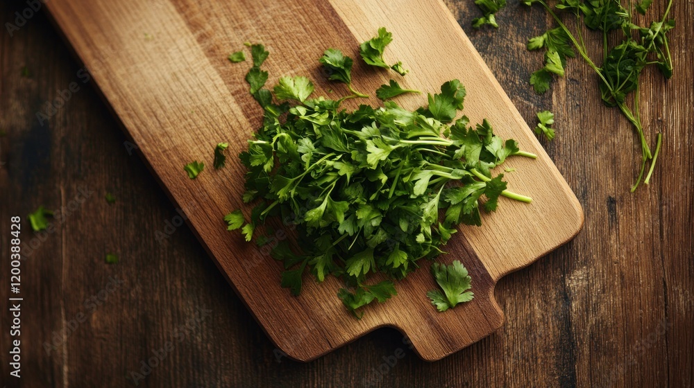 Chopped parsley on a wooden board Chopped parsley on a wooden board