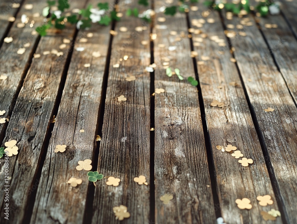 Fototapeta premium Rustic wooden planks adorned with shamrocks and gold confetti for a St. Patricks Day celebration