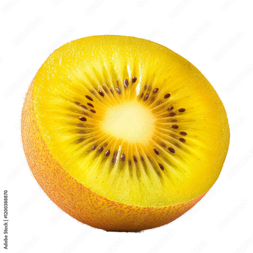Half of a kiwi gold fruit isolated on a transparent background, showcasing its vibrant yellow flesh and unique texture, half kiwi gold fruit isolated on transparent background Half of a kiwi gold fruit isolated on a transparent background, showcasing its vibrant yellow flesh and unique texture, half kiwi gold fruit isolated on transparent background