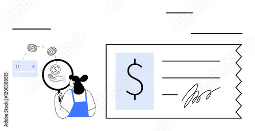 Woman holding magnifying glass, analyzing dollar sign, nearby credit card, signed check with blue areas. Ideal for finance, banking, transactions, audit, payments scrutiny economic analysis