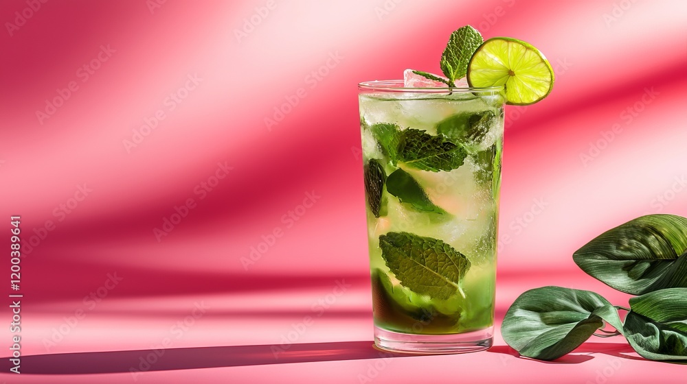 Classic mojito cocktail with lime wedges and sparkling ice, styled on a dual-tone red and pink background with modern contrasts Classic mojito cocktail with lime wedges and sparkling ice, styled on a dual-tone red and pink background with modern contrasts