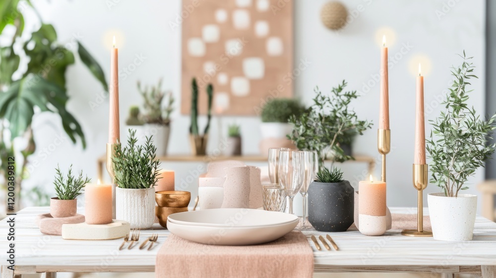 Romantic candlelit dinner table setting, plants, modern apartment Romantic candlelit dinner table setting, plants, modern apartment