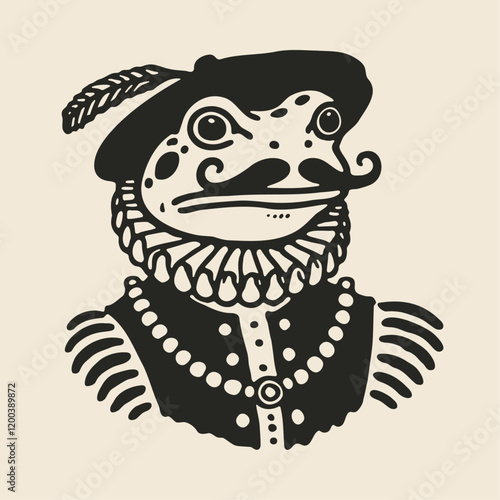 Frog with a mustache wearing renaissance clothes, medieval toad portrait, vintage illustration