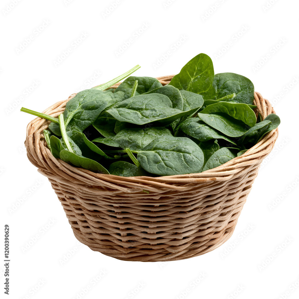 Fresh spinach leaves in a rustic basket against a clean transparent background showcasing healthy greens, spinach in the basket on transparent background