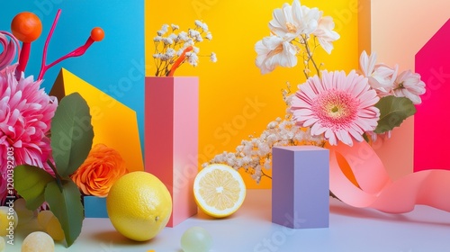 Wallpaper Mural Bright fruit and flower composition on colored blocks Torontodigital.ca