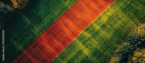 Aerial View of Running Track Cutting Through Lush Green Field