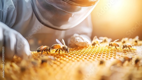 Beekeeper in full protective gear examining a honeycomb, close-up on bees and honey-filled cells, digital art with soft natural lighting photo