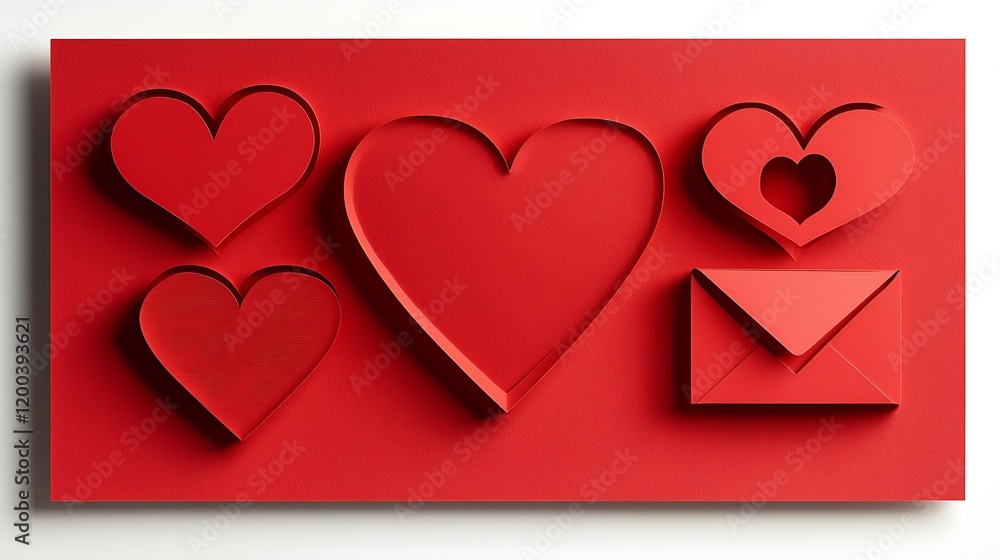 Valentinea??s Day party poster template with heart shapes, an envelope, and a gift box in paper-cut Valentinea??s Day party poster template with heart shapes, an envelope, and a gift box in paper-cut