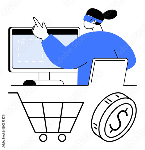Person using VR headset with computer and shopping cart. Large coin represents currency. Ideal for e-commerce, VR technology, digital payments, innovation, online retail, fintech, and abstract line